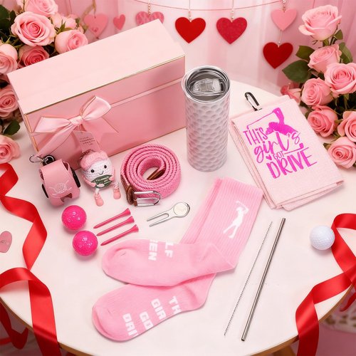 Patelai Pink Golf Gifts for Women Funny Golfing Accessories Gifts Set for Golfer Lovers Includes Golf Balls Tumbler Portable Bag Tees Metal Divot Repair Tool Towel Sash Socks Mother's Day Favor