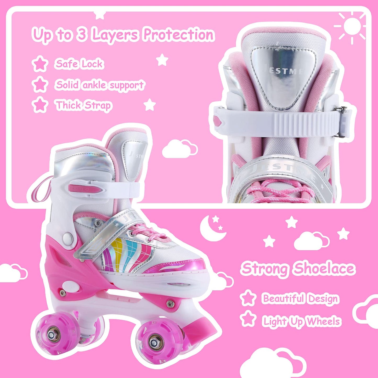 Kids Roller Skates Adjustable for Girls Boys Toddlers Youth, Pink 4 Size Adjustable Light Up Roller Skates for Size 11J todders to Size 7 Youth Women