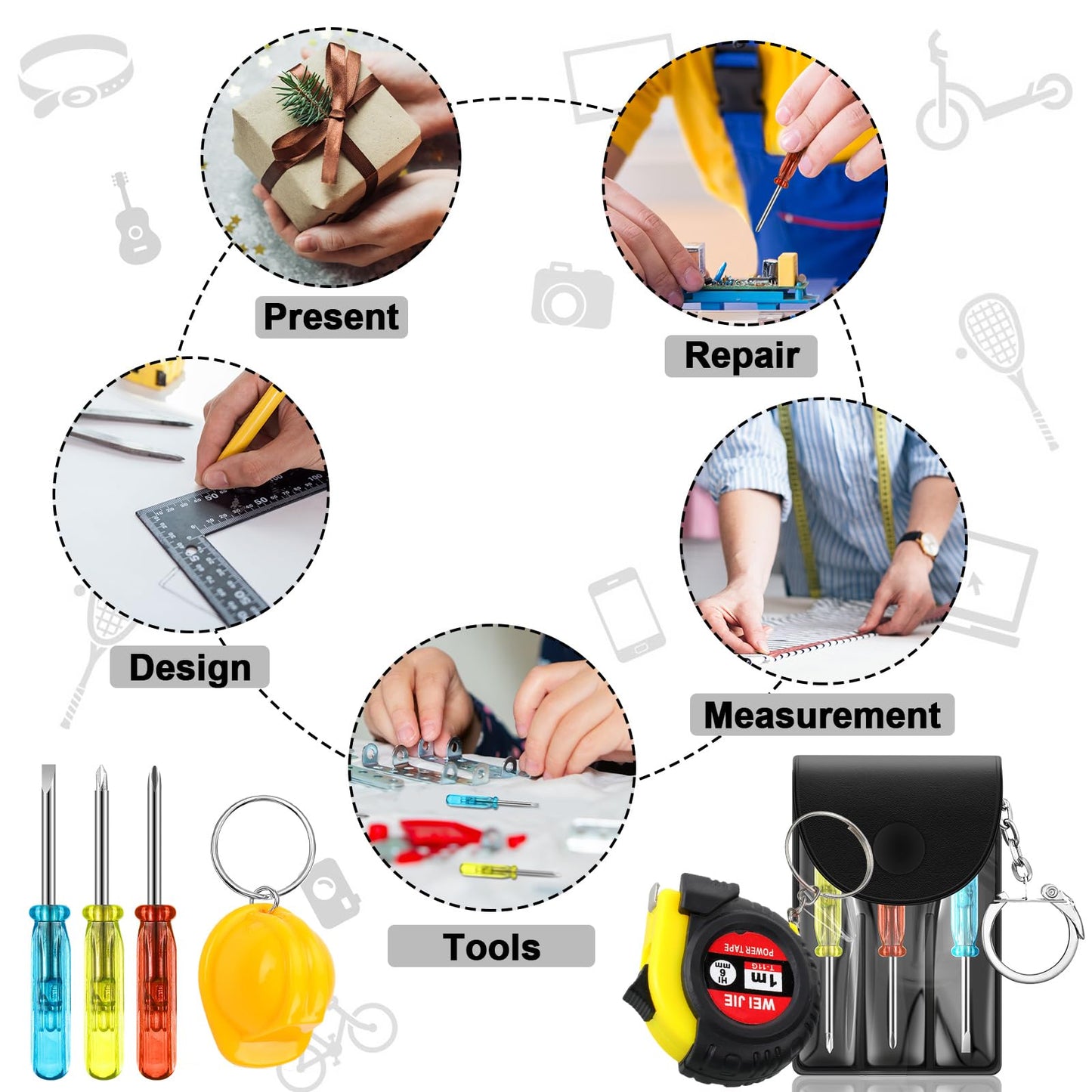 Jutom 9 Pcs Mini Construction Helmet Keychains Tape Measure Screwdriver Bulk for Men Adult Party Favors Tool Christmas Gifts