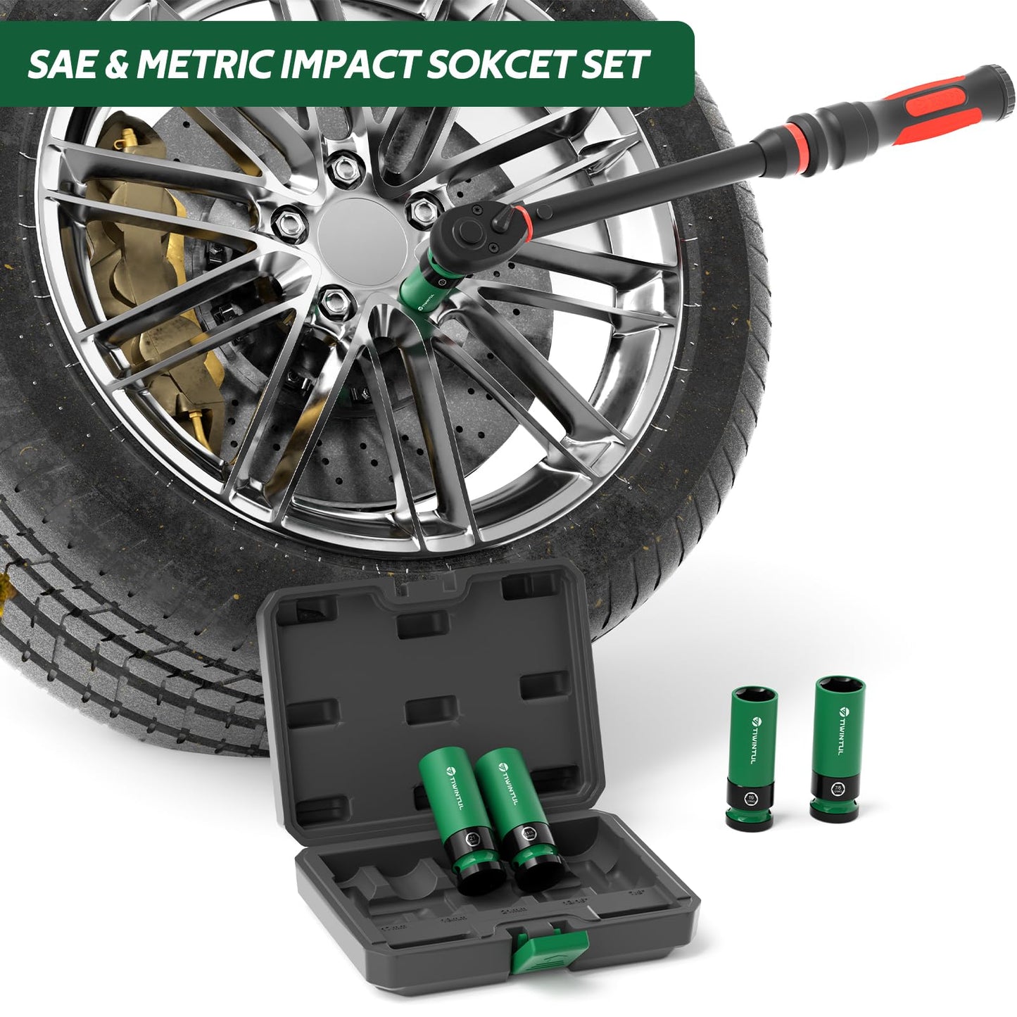 TIWINTUL 1/2" Wheel Protector Impact Socket Set, 5Pcs Non-Marring Lug Nut Socket Set, CR-MO Steel, 6-Point Thin Wall Deep Socket Set, Color-Coded Protective Sleeves- Metric 17 19 21 mm, SAE 13/16 7/8"