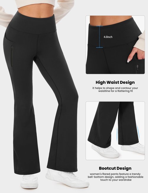 Desol Fleece Lined Hiking Pants Women, Winter Flare Leggings for Women Thermal Warm High Waist Snow Pants with Zipper Pockets for Outdoor Sports Black