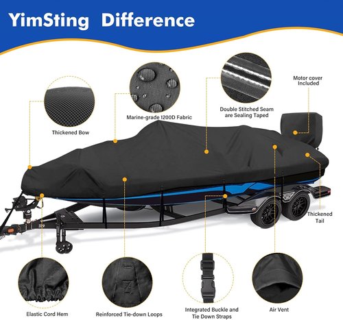 1200D Waterproof Boat Cover - Heavy Duty Protection for 23' to 24' Bass & V-Hull Boats - Black Canvas