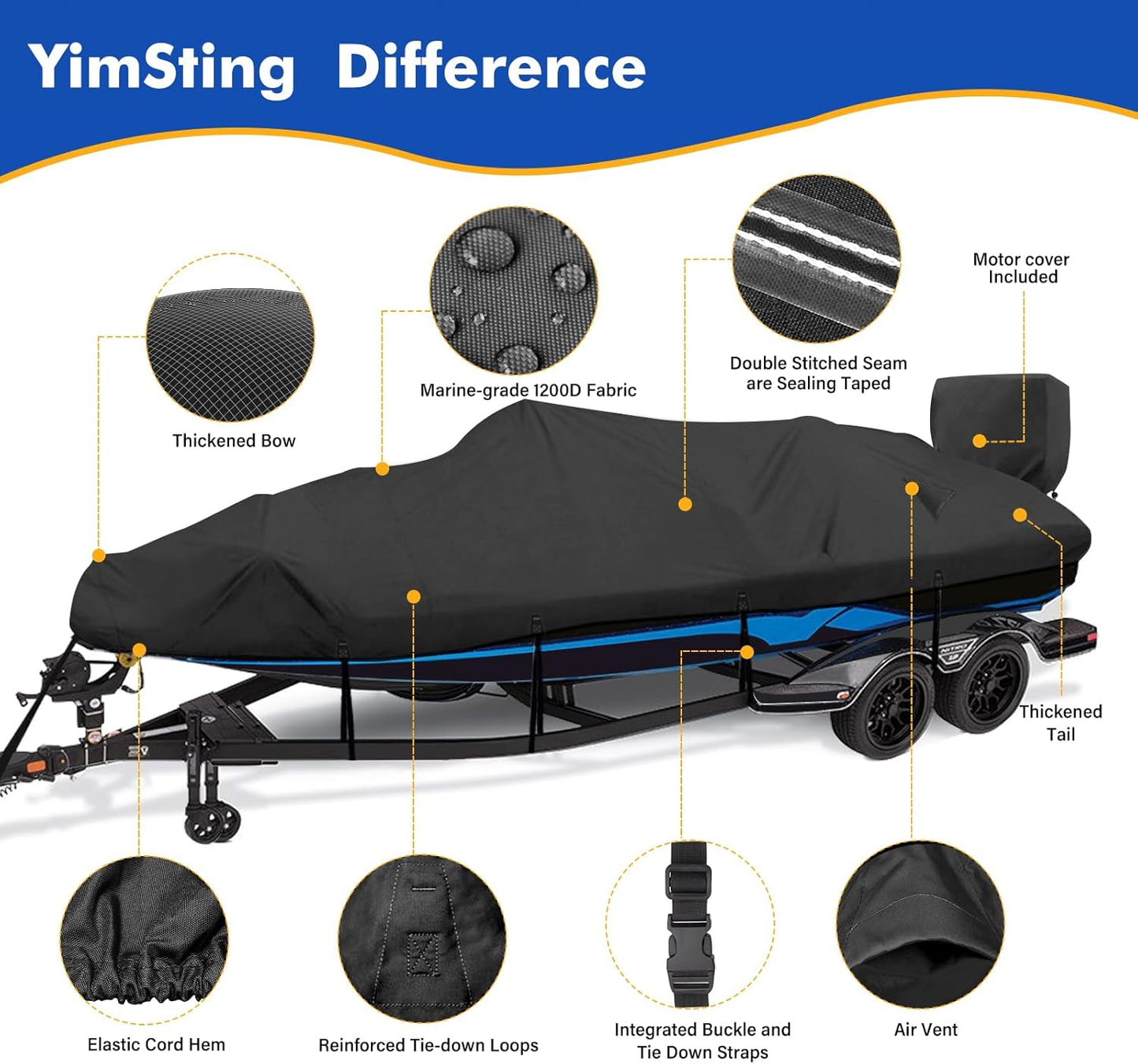 1200D Waterproof Boat Cover - Heavy Duty Protection for 16' to 18.5' Bass & V-Hull Boats - Black