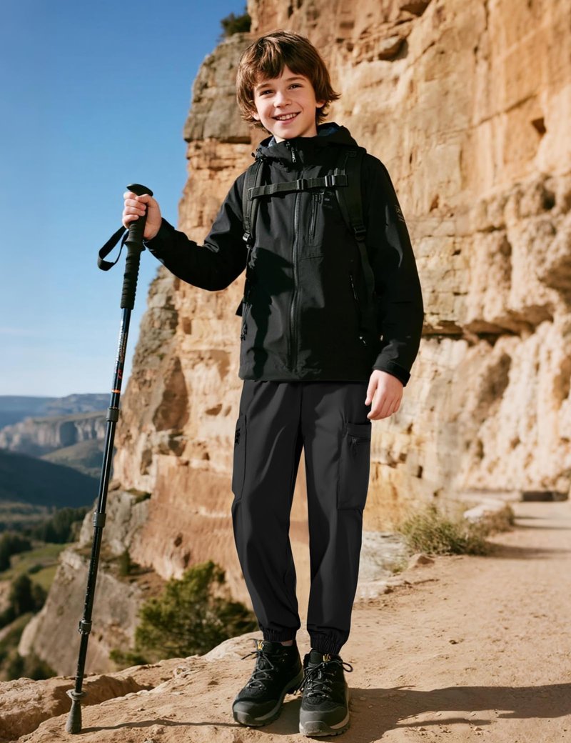 NUMYEAN Boys Cargo Pants Kids Water Resistant Athletic Hiking Pants Lightweight Quick Dry 9-10Years Black