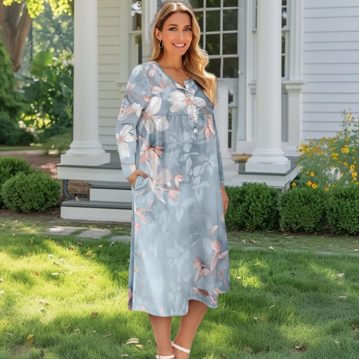 ZOCANIA Boho Dresses for Women 2024 Floral Maxi Dress V Neck Long Sleeve High Waist Plus Size Fall Dress Casual Tunic Dress Loose Wedding Guest Dresses for Women with Pockets,Blue White,3XL