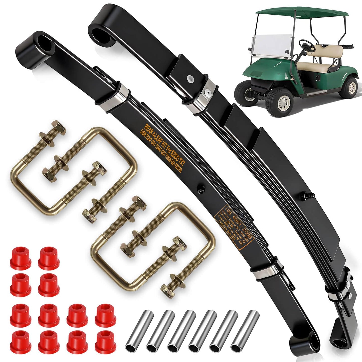 Cartalia Upgraded Heavy Duty Rear 4-Leaf Springs Kit for EZGO TXT/Medalist Electric 1994-2013 and Gas 1996-2008 Golf Cart Suspension with Bushings Sleeves & U-Bolts Replace OEM 74207-G01 Load Capacity