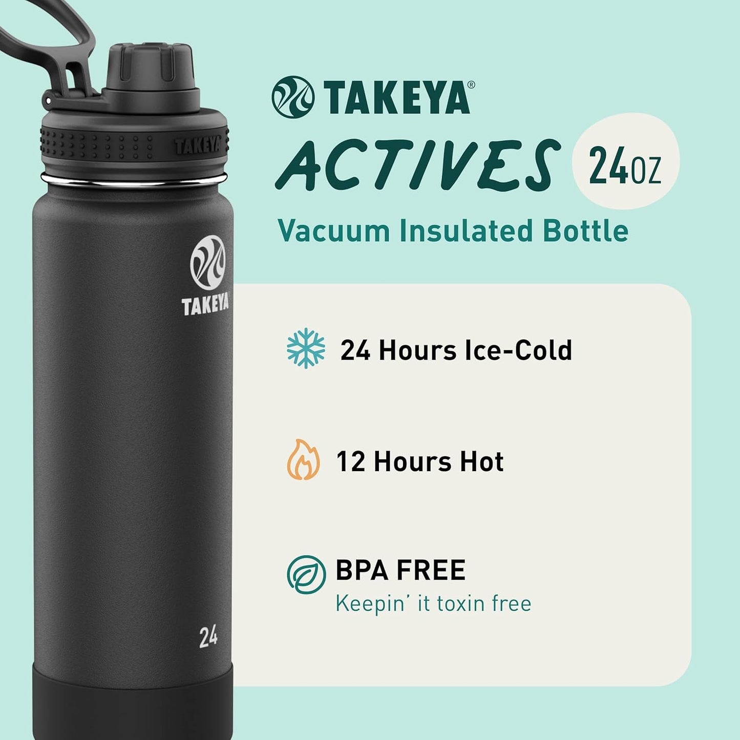 Takeya Actives 18 oz Stainless Steel Water Bottle - Insulated, Leakproof, Keeps Drinks Cold 24 Hrs | Bluestone