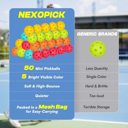 Nexopick Mini Pickleball Balls 50-Pack with 5 Bright Colors - Soft Quiet Pickleball Balls for Improve Accuracy, Paddle Control & Reflex Skills - Essential Pickleball Training Tools for All Players