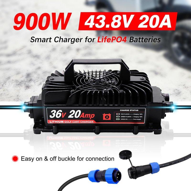 SDLOOL 43.8V 20A Lithium Onboard Battery Charger for 36V (38.4V) 12S LiFePO4 Battery, IP67 Waterproof Charger for Golf Cart Car Truck Boat Home