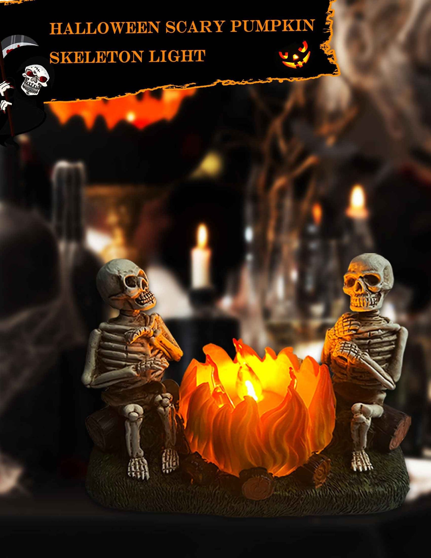 Htscudtg Halloween Skeleton with Pumpkin Campfire Nightlight, Flickering 3D Flameless Lights Halloween Indoor Decor, Light Up Jack O Lantern, Scary Skull Statue Lamp for Table Mantel