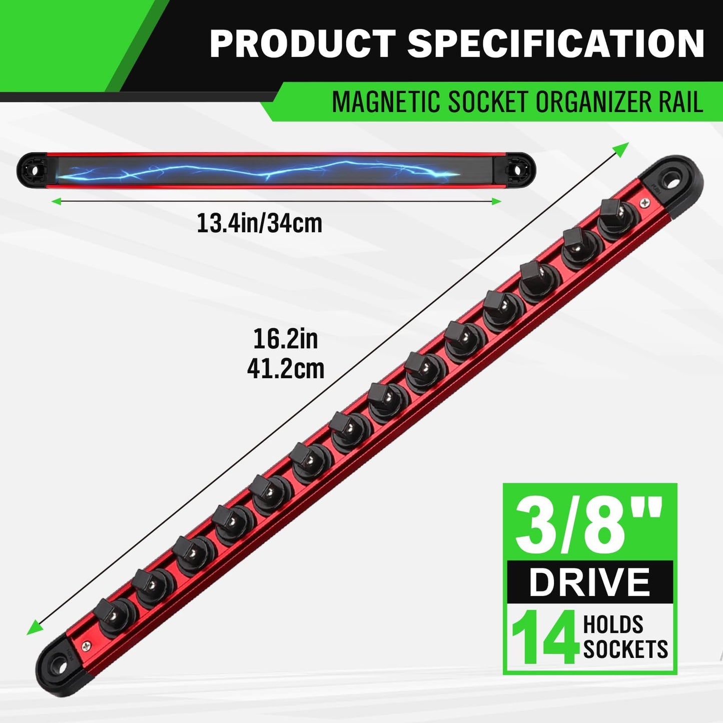 3/8-Inch Magnetic Socket Organizer Rail, Aluminum Alloy Socket Rail, Heavy Duty Sockets Holder with 14 Clips, 360° Swivel Clip Tool Tray, Sockets Organizer for Tool Box Drawer (Red)
