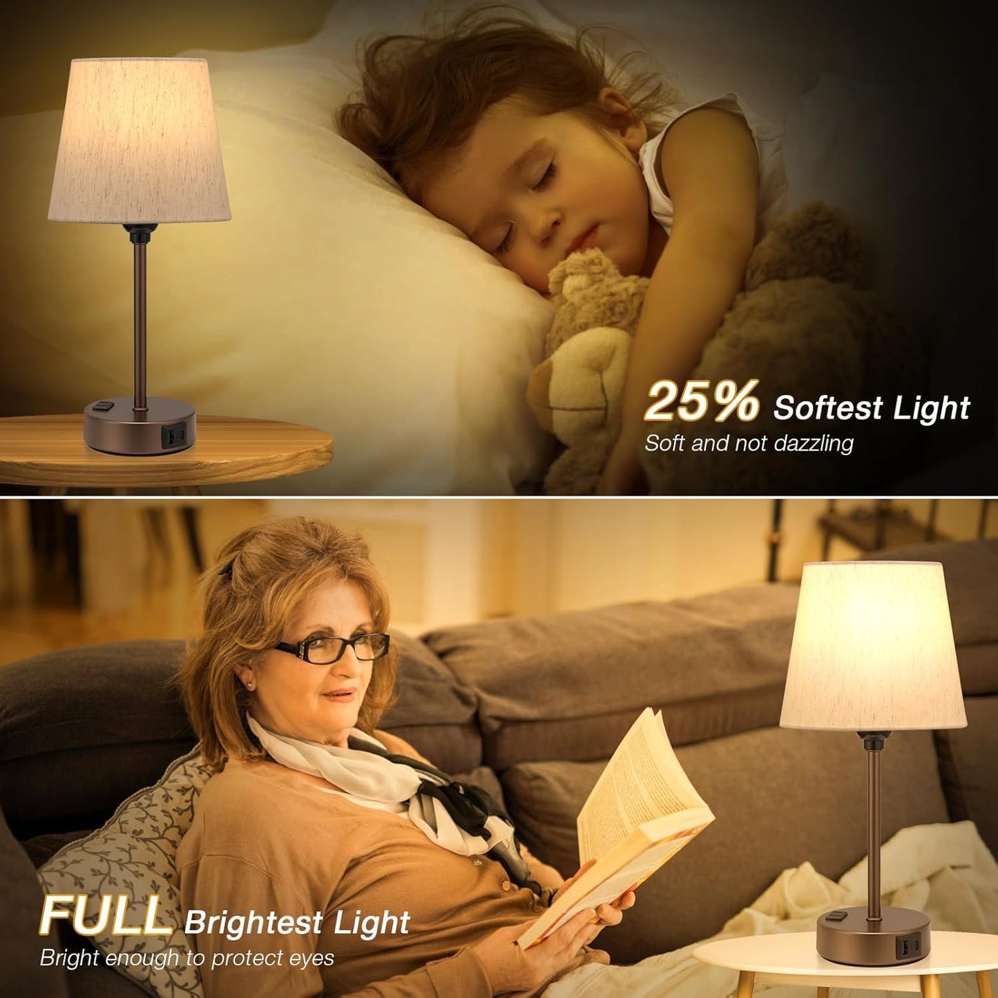 Set of 2 Mini Bedside Lamps with USB-C & AC Outlet - Dimmable Touch Nightstand Lights for Bedrooms