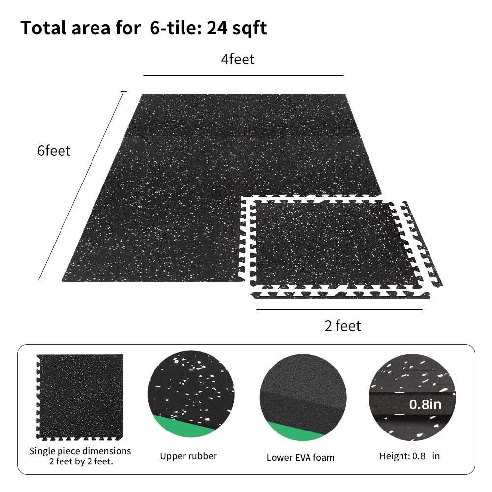 0.8in Thick 24 Sq Ft Gym Flooring for Home Gym, 6 Tiles Workout Exercise Equipment Mats, Rubber Top with EVA Foam, Interlocking Puzzle Floor Tiles for Fitness Room, Protective Flooring Mat