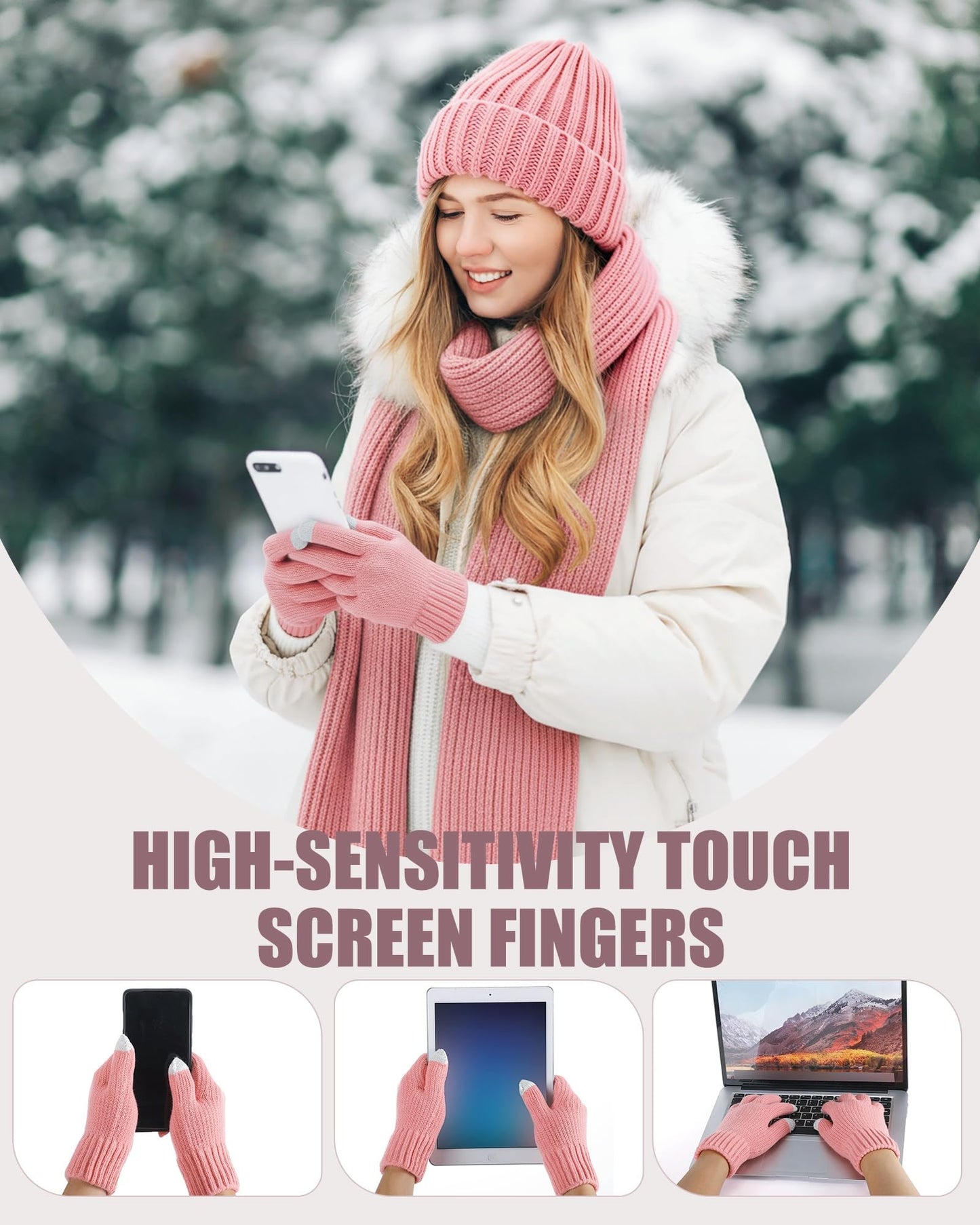 Geyoga 6 Pcs Winter Knit Set with Knit Beanie Hat Long Scarf Touchscreen Gloves Foldable Earmuff Fleece Socks for Women(Pink,Minimalist Style)