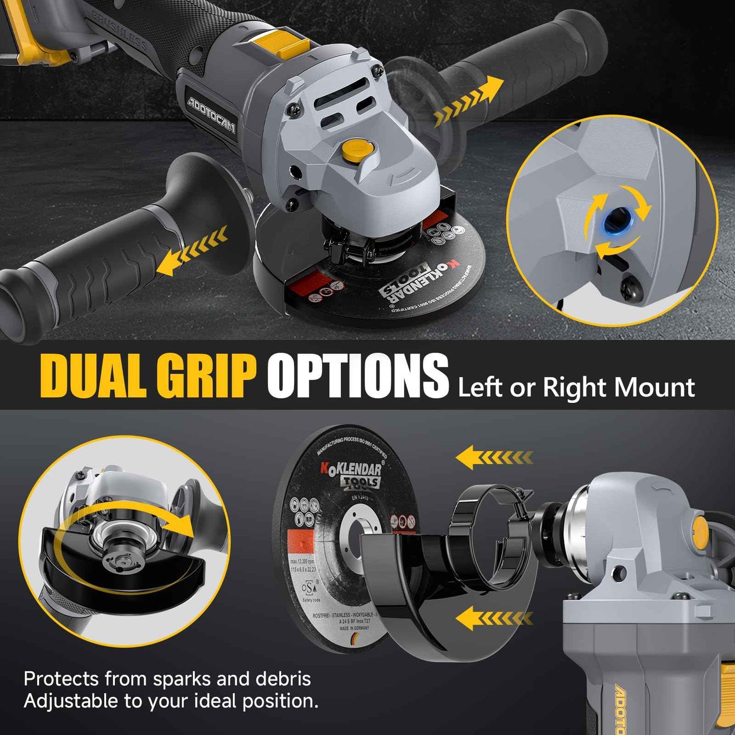 ADOTOCAM Angle Grinder, 20V Brushless Cordless, 4-1/2 Inch, Compatible with Dewalt Battery (No Battery), with Metal Grinding Wheel, for Cutting, Grinding, Polishing, Carving