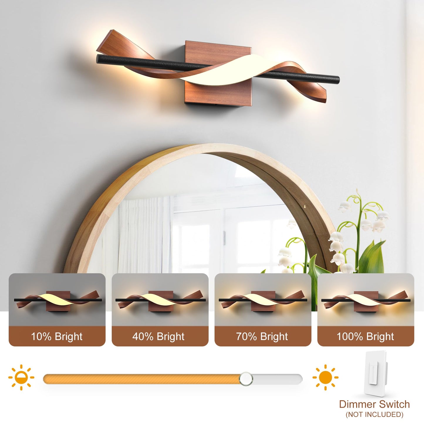 Lawyettle Farmhouse LED Wall Sconce, 3000K Dimmable LED Bathroom Light Fixture, 17.9" Vanity Light Over Mirror, Wood Indoor Wall Lamp for Bedroom, Living Room