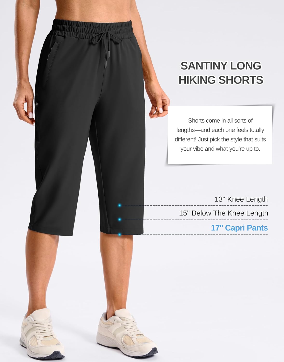 SANTINY Women's Hiking Shorts - Lightweight Quick-Dry Capris with Zipper Pockets | 13''/15''/17'' Sizes