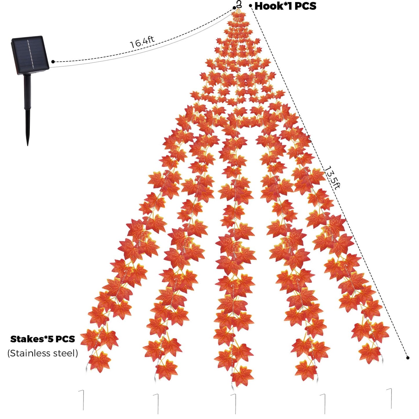 13.5FT*5 Branches Maple Leaf with Fairy Lights, Solar Powered Autumn Fall Decor String Lights, 8 Modes Waterproof Triangular Thanksgiving Decorations for Eaves, Tree, Patio, Garden, Yard (Maple Leaf)