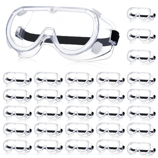 Yunsailing 30 Pack Protective Safety Goggles Clear Lab Over Glasses Anti Fog Eye Protection Goggles for Men Women(Clear, Black)