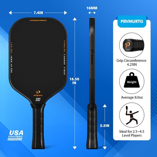 Pbvmurtg Carbon Fiber Pickleball Paddles, Thermoformed T7003K Raw Carbon Textured Pickleball Racket USAPA Approved Paddle –16mm Roar-Powered Core, Designed for Ultimate Spin,Power, Control& Balance.