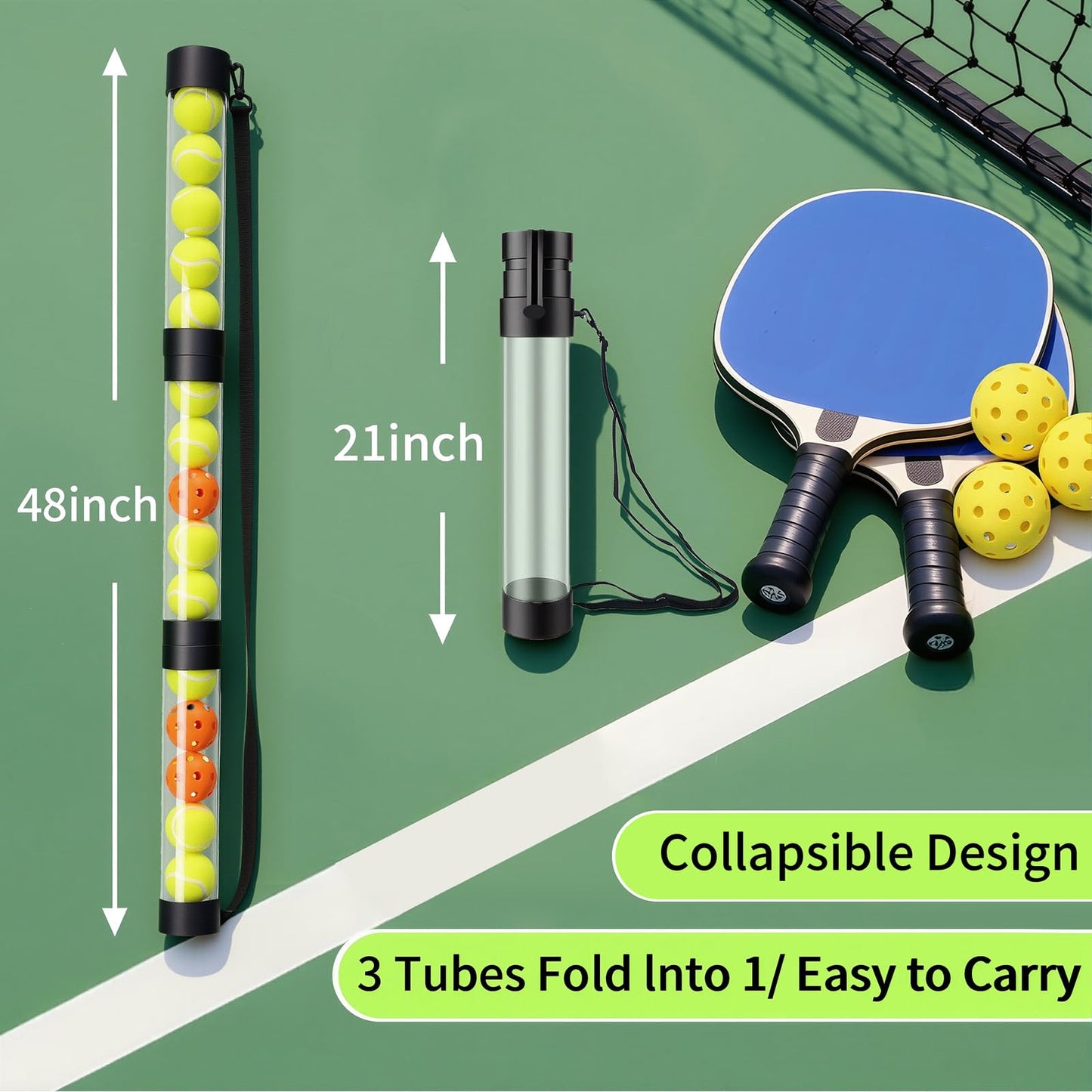 SWALTRIX 17 Pickleballs & 18 Tennis Balls Picker Upper – Collapsible No-Bend Retriever Tube with Shoulder Strap, Lightweight Portable for Indoor & Outdoor Court Practice
