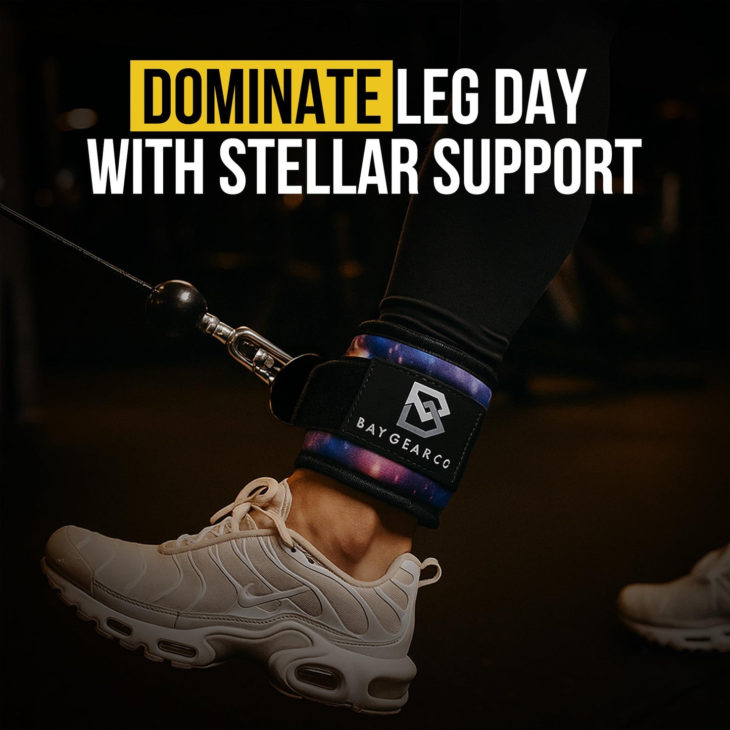 Bay Gear Co. Ankle Straps – Strong Hook and Loop System & Neoprene Padded for Cable Machine Glute Workouts, Slick Black Stainless Steel D Ring, Adjustable Fit for Men & Women, Galaxy, Pair