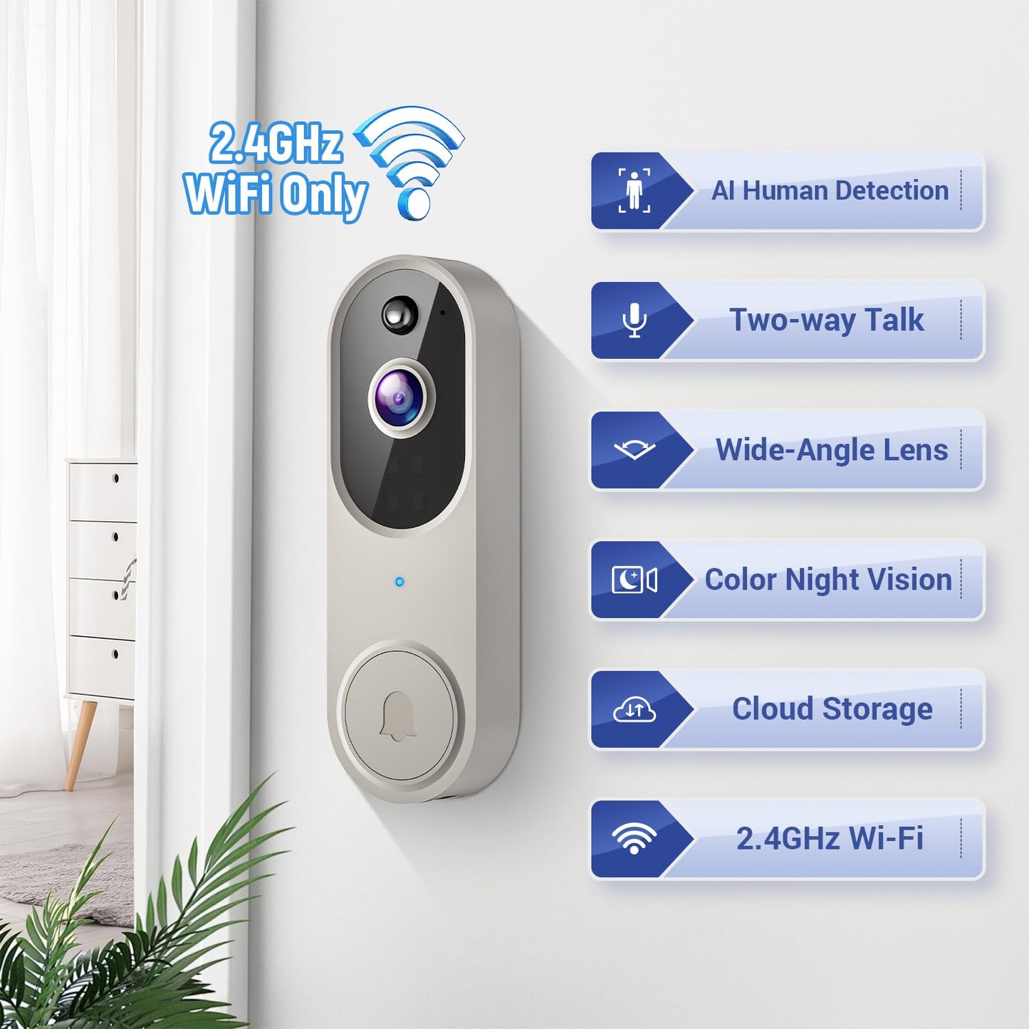 SwagBuzz 1080p Wireless Video Doorbell Camera with Night Vision, Two Way Audio and AI Motion Detection, 2.4G WiFi, Cloud Storage, Battery Powered