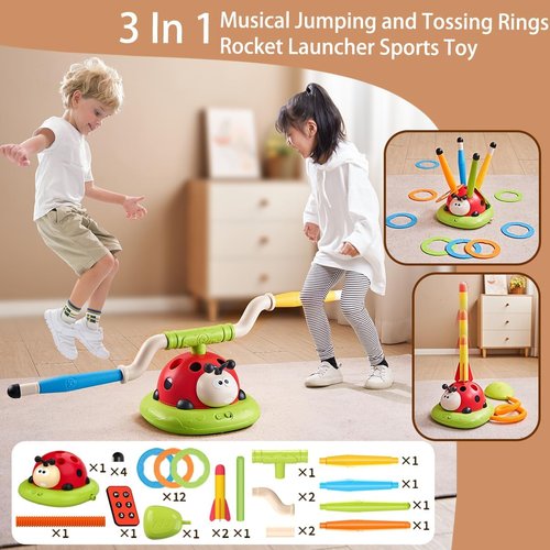 3 in 1 Musical Jump, Toss Ring Game and Stomping Launch Rocket Launcher for Kids Outdoor Toys with Remote Control, Indoor Outside Toy for Kids Ages 4-8 Toys for Ages 5-7 8-13 Birthday Gifts
