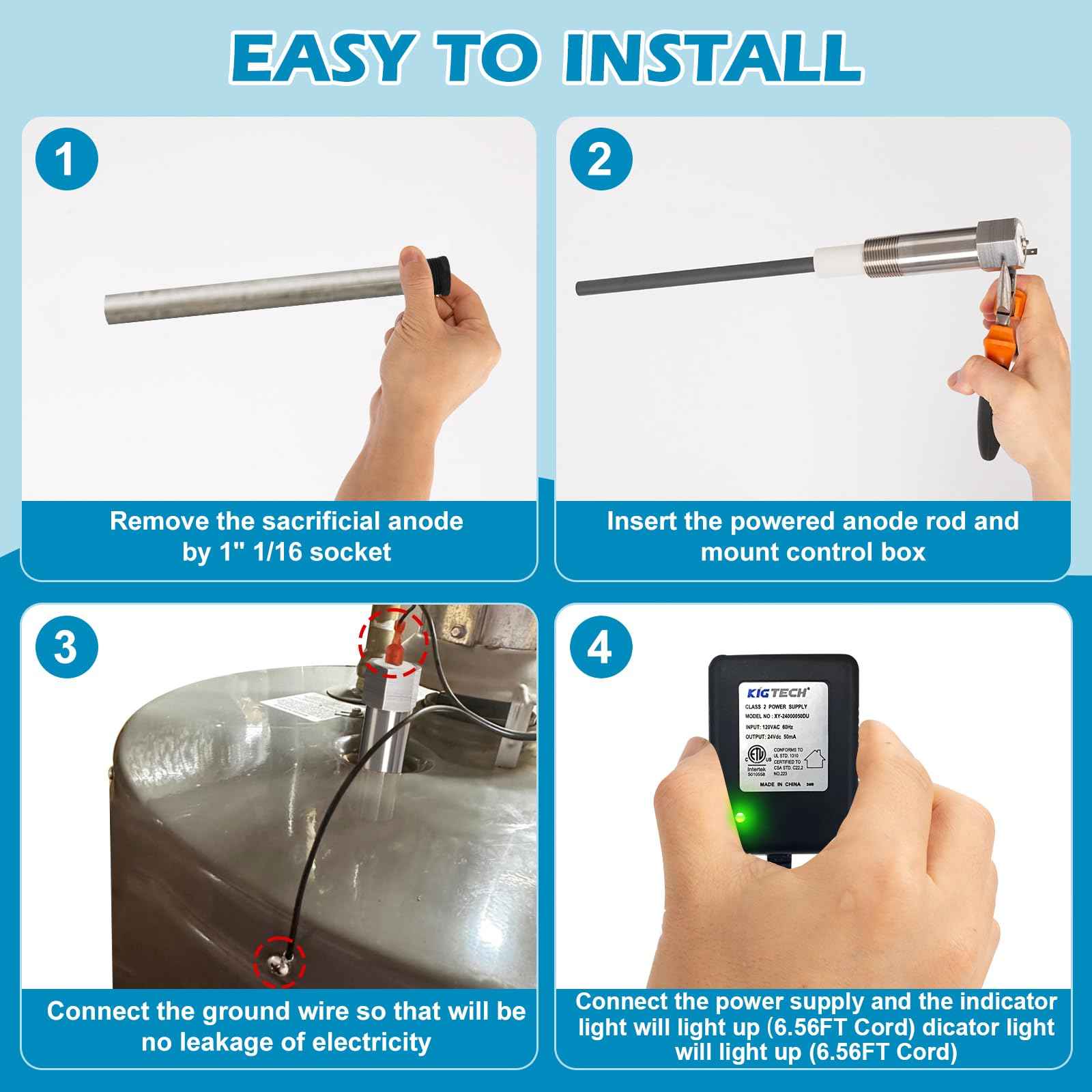 Powered Anode Rod (With Green Light) for Water Heater, 24-Hour Egg/Sulfur Smell Elimination, Stops Corrosion and Reduces Limescale, Titanium Electric Anode Rod for 40-89 Gallon Tanks, 25-Year Warranty