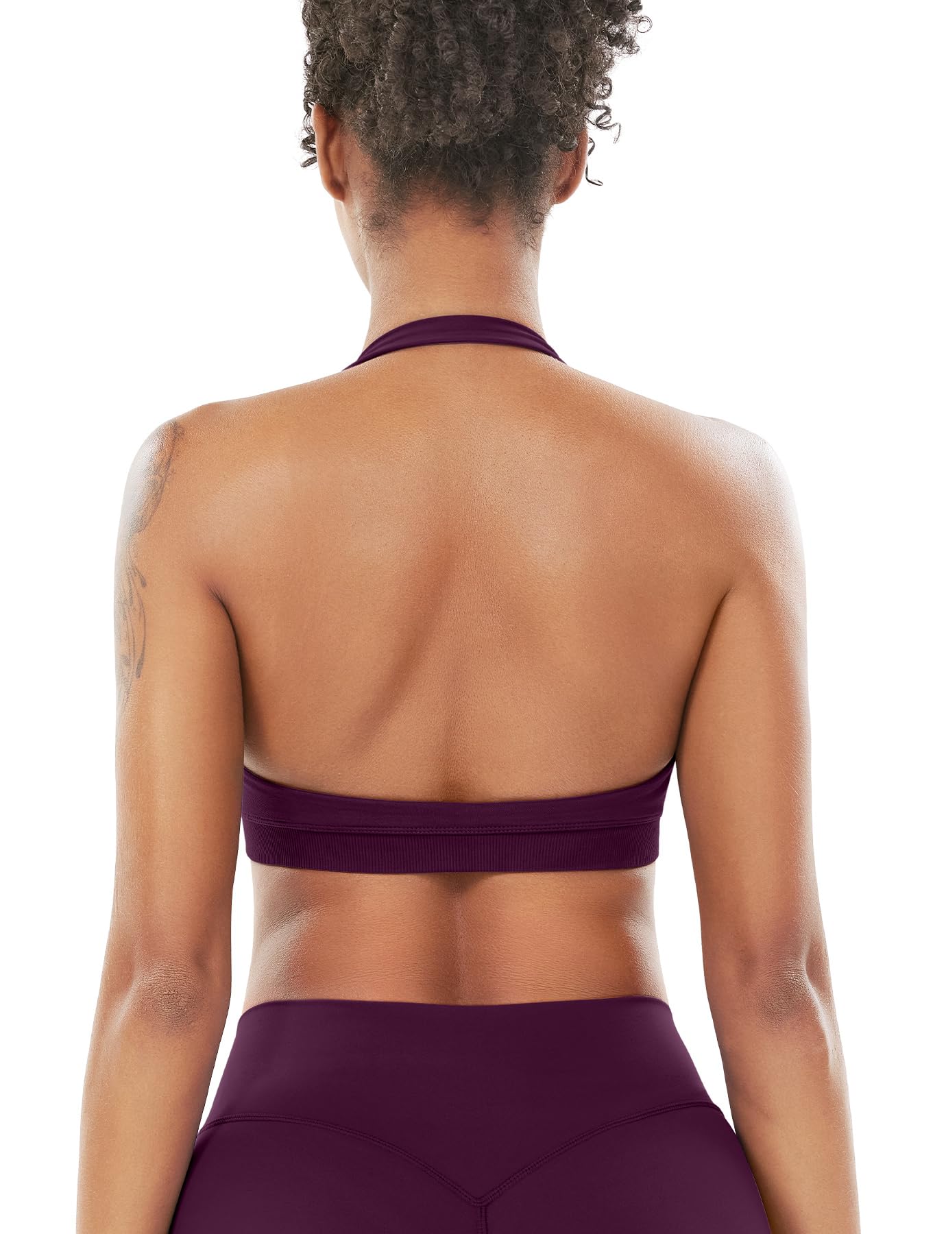 VOYJOY Women Workout Impact Bras Medium Low Support Halter Sports Bras Seamless Open Back Gym Padded Yoga Crop Top Black Cherry S