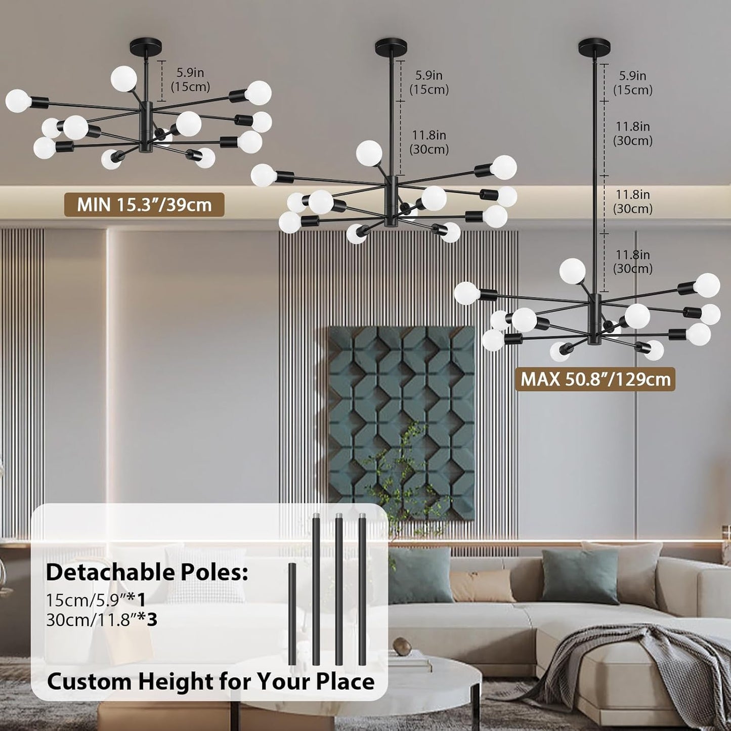 8-Light Gold Sputnik Chandelier - Modern Adjustable Ceiling Light for Dining Room, Kitchen & Foyer