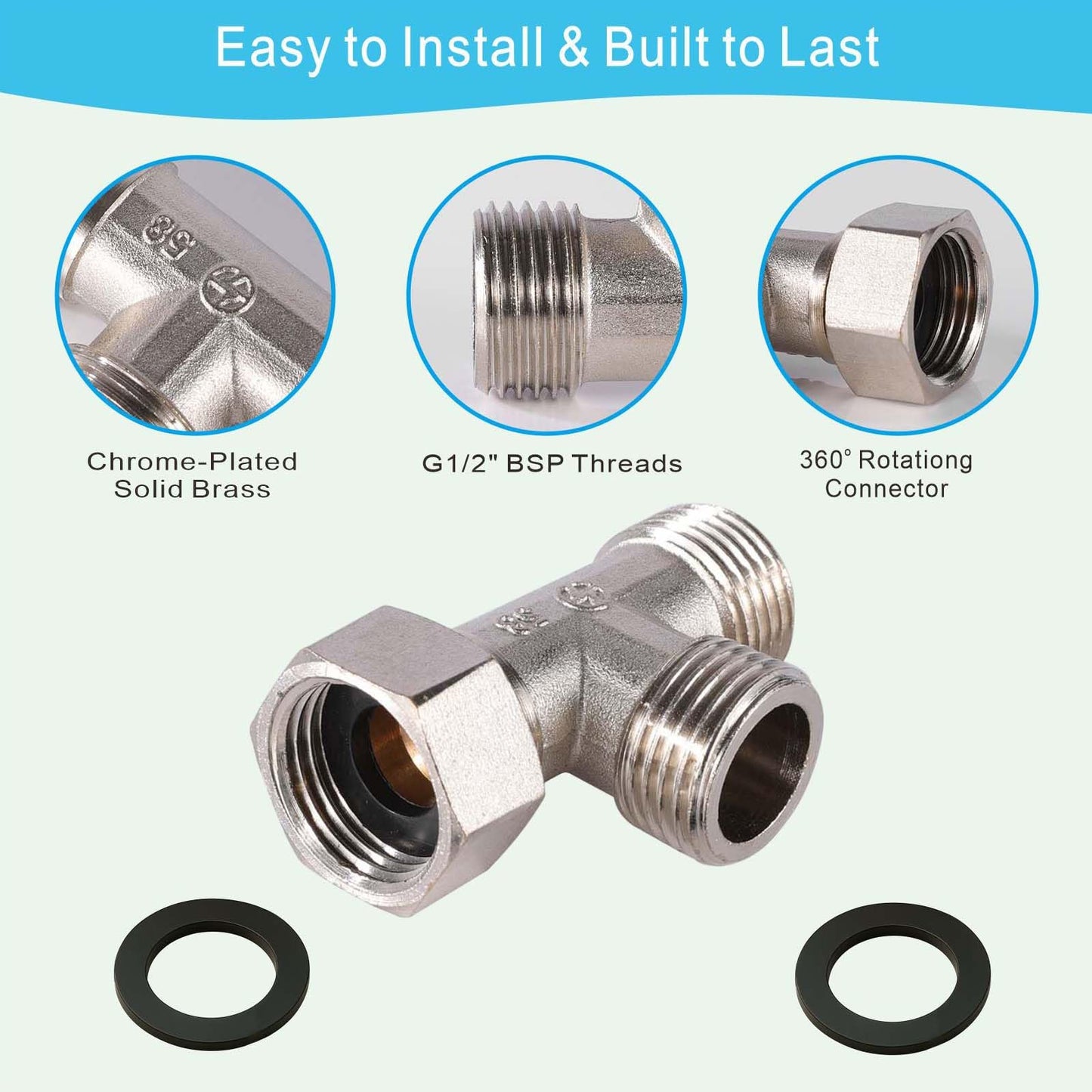 XNTONG – G1/2" BSP Tee Fitting, 3-Way Chrome-Plated Brass Connector, G1/2 Male x Male x Female Threads, Shower Arm Splitter for Handheld Showerhead, Bidet T Adapter, Includes Washer and PTFE Tape