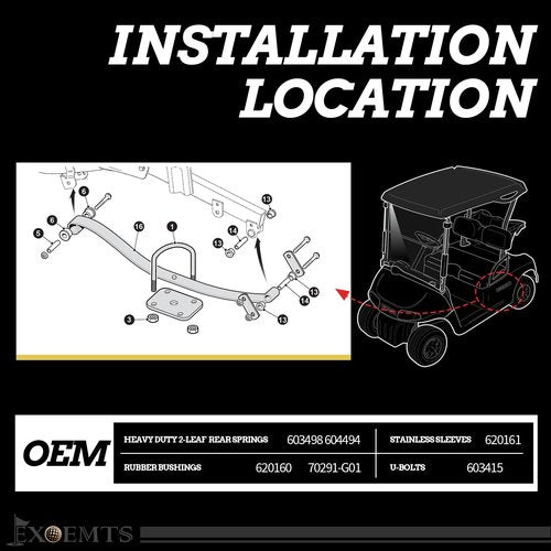 EXOEMTS Heavy Duty Rear 2-Leaf Spring Kit for EZGO RXV 2008-Up Golf Carts, Dual-Action Suspension Upgrade with Bushings, Sleeves & U-Bolts, Replaces OEM# 603498, 604494, Smoother Ride & Load Support
