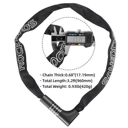 ROCKBROS Heavy Duty Anti-Theft Bike Lock - 3.2FT Security Bicycle Chain Lock with Resettable Combination and 2 Keys for Bikes, Motorcycle, Door, Gate, Fence, Grill