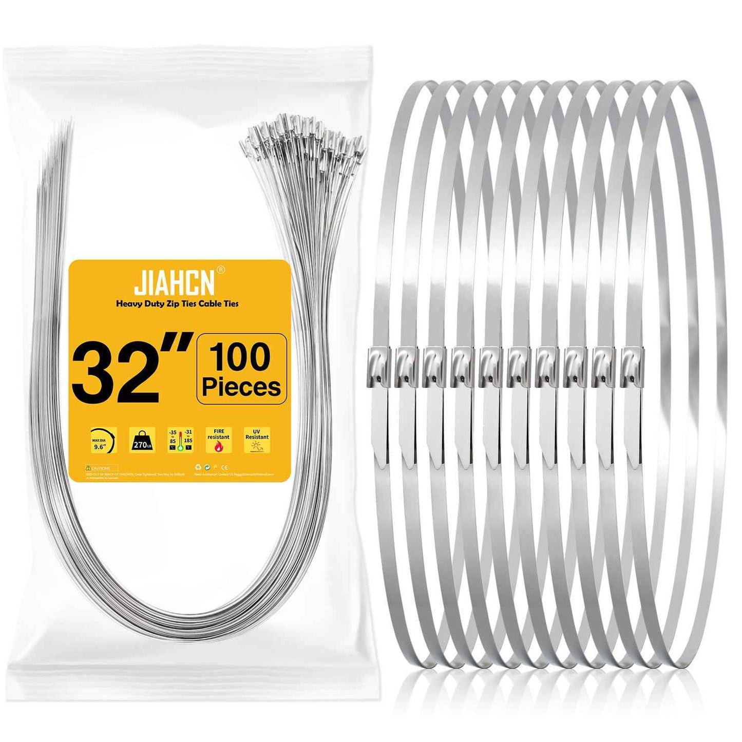 JIAHCN 100PCS Metal Cable Zip Ties Heavy Duty 32 Inch Extra Long Stainless Steel ZipTies 270LBS Tensile Strength Steel Wire Ties Multi-Purpose Self-Locking Metal Wrap Ties for Indoor and Outdoor