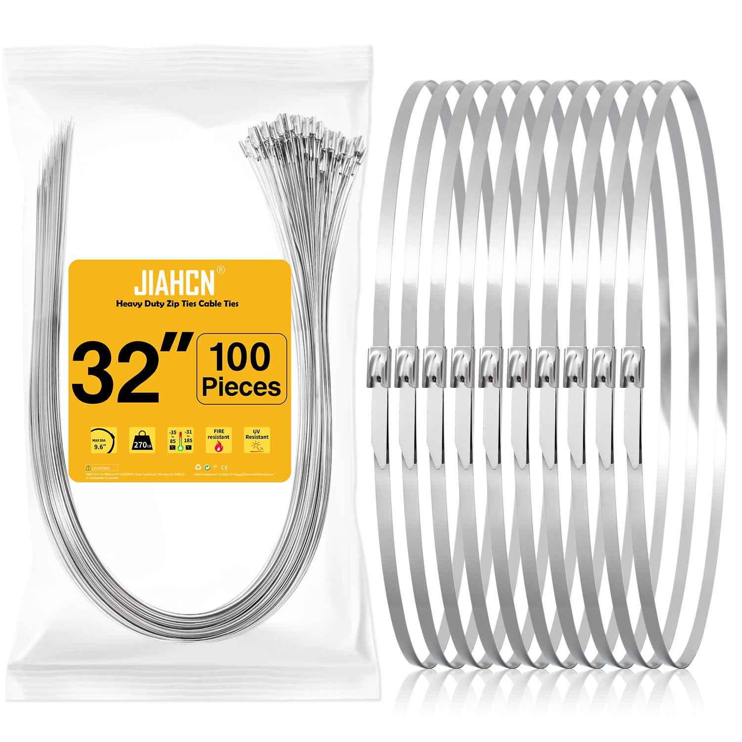 JIAHCN 100PCS Metal Cable Zip Ties Heavy Duty 32 Inch Extra Long Stainless Steel ZipTies 270LBS Tensile Strength Steel Wire Ties Multi-Purpose Self-Locking Metal Wrap Ties for Indoor and Outdoor