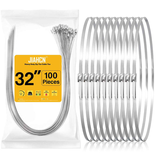 JIAHCN 100PCS Metal Cable Zip Ties Heavy Duty 32 Inch Extra Long Stainless Steel ZipTies 270LBS Tensile Strength Steel Wire Ties Multi-Purpose Self-Locking Metal Wrap Ties for Indoor and Outdoor
