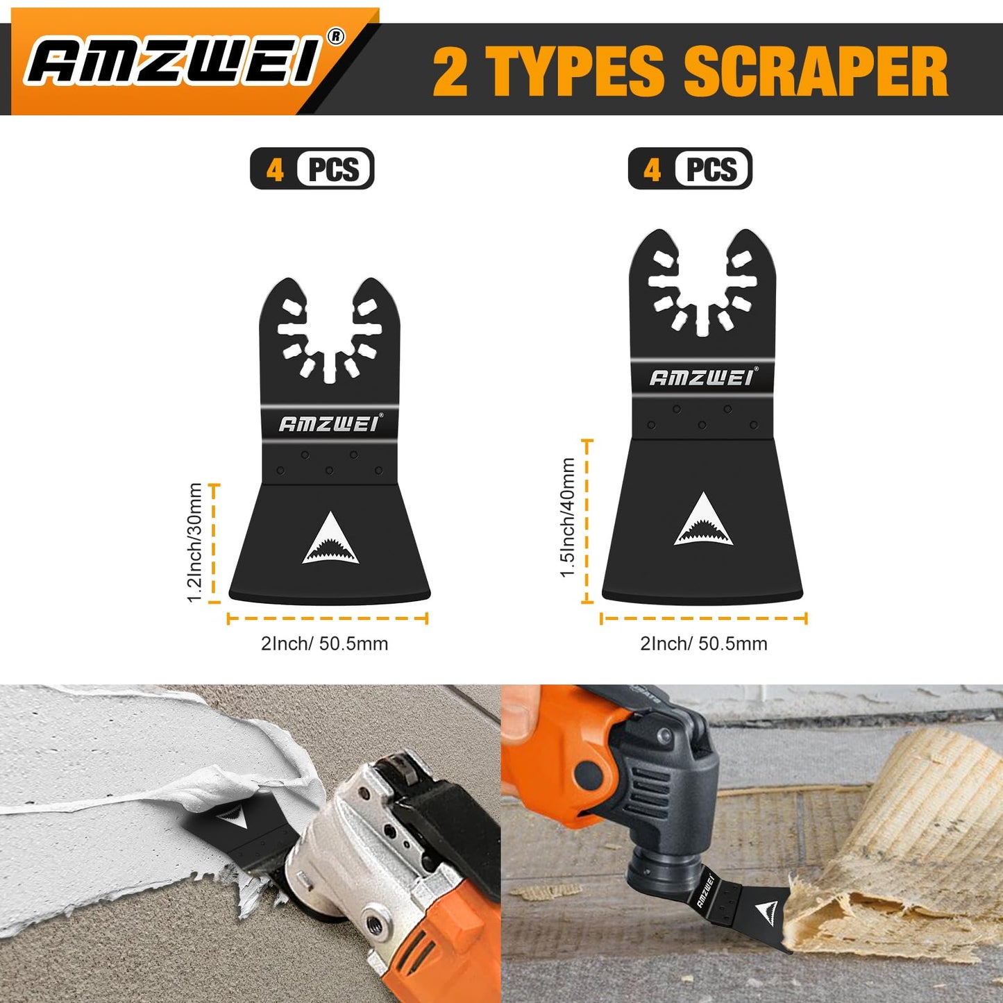 AMZWEI 8PCS Oscillating Tool Scraper Blades,HCS Caulk Remover Tool Blades for Vinyl Flooring,Paint,Carpet,Tile Adhesives, Compatible with Dewalt Milwaukee Dremel, Ryobi, Rockwell