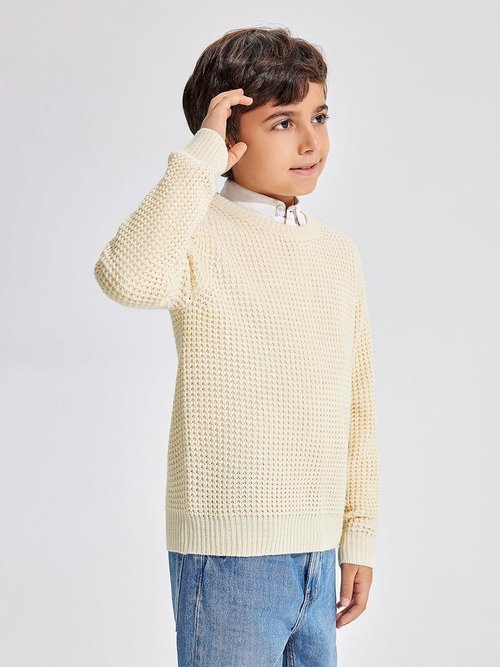 Haloumoning Boys Casual Pullover Sweater - Chunky Crewneck Waffle Knit Jumper for Ages 4-14