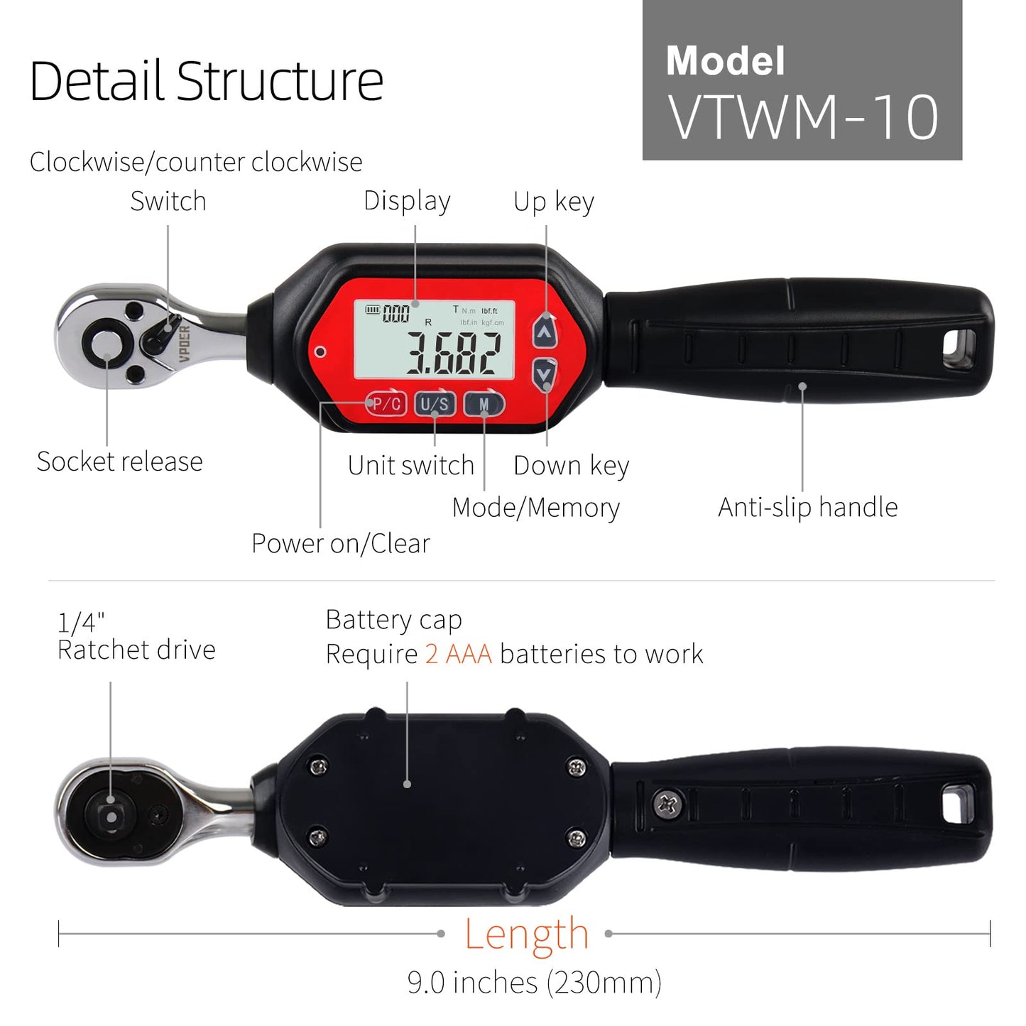 VPOER Digital Torque Wrench (0.3-10Nm 1/4")