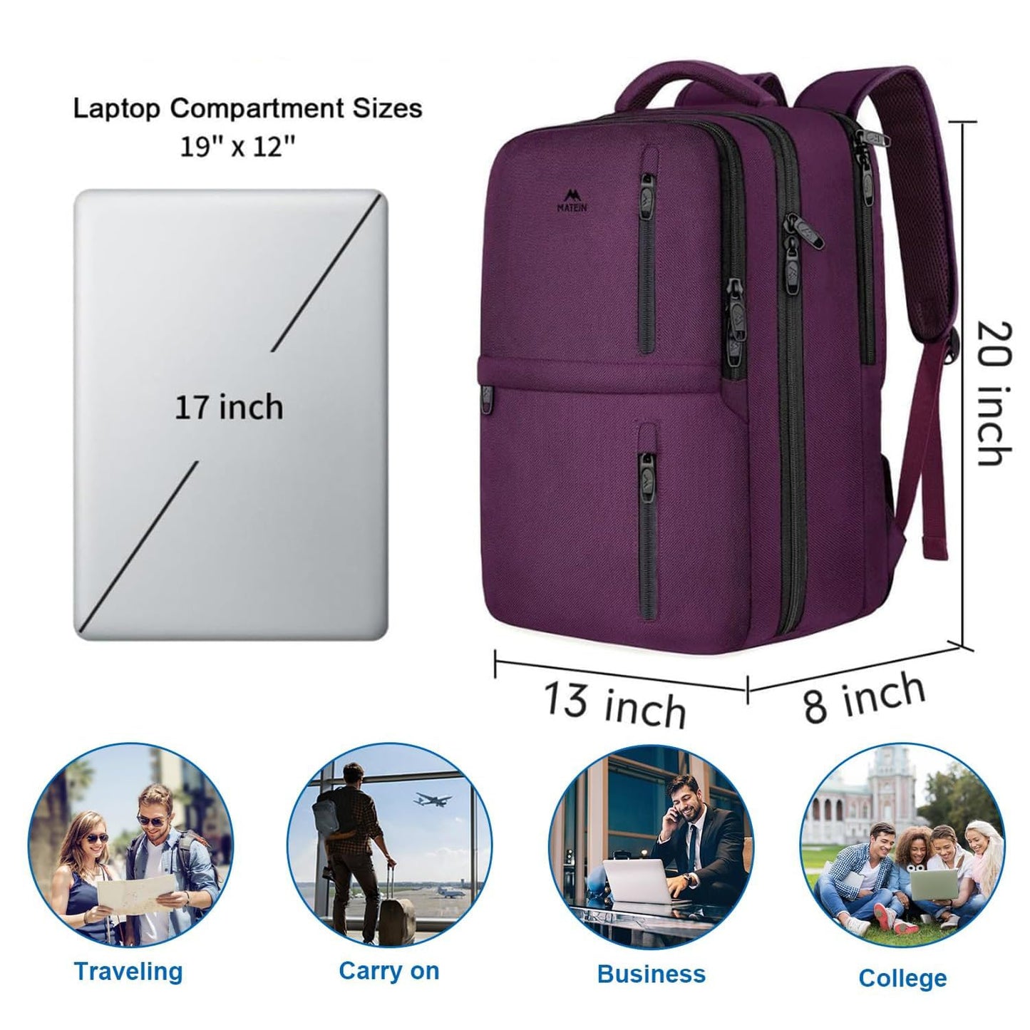 MATEIN Travel Backpack for Women, Extra Large 40L Carry on Backpack, Purple