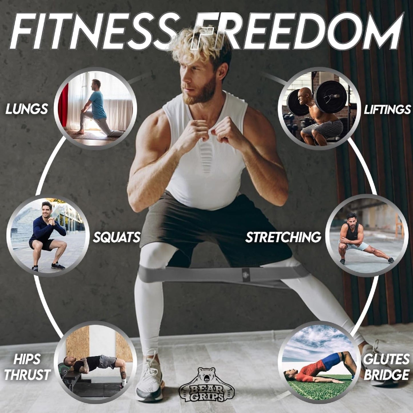 Bear Grips Resistance Bands for Working Out - Home Gym Equipment Exercise Bands - Glutes Workout Equipment Elastic Bands for Exercise Yoga Blocks, Pilates, Hip, Legs, Thigh - 3 Pack