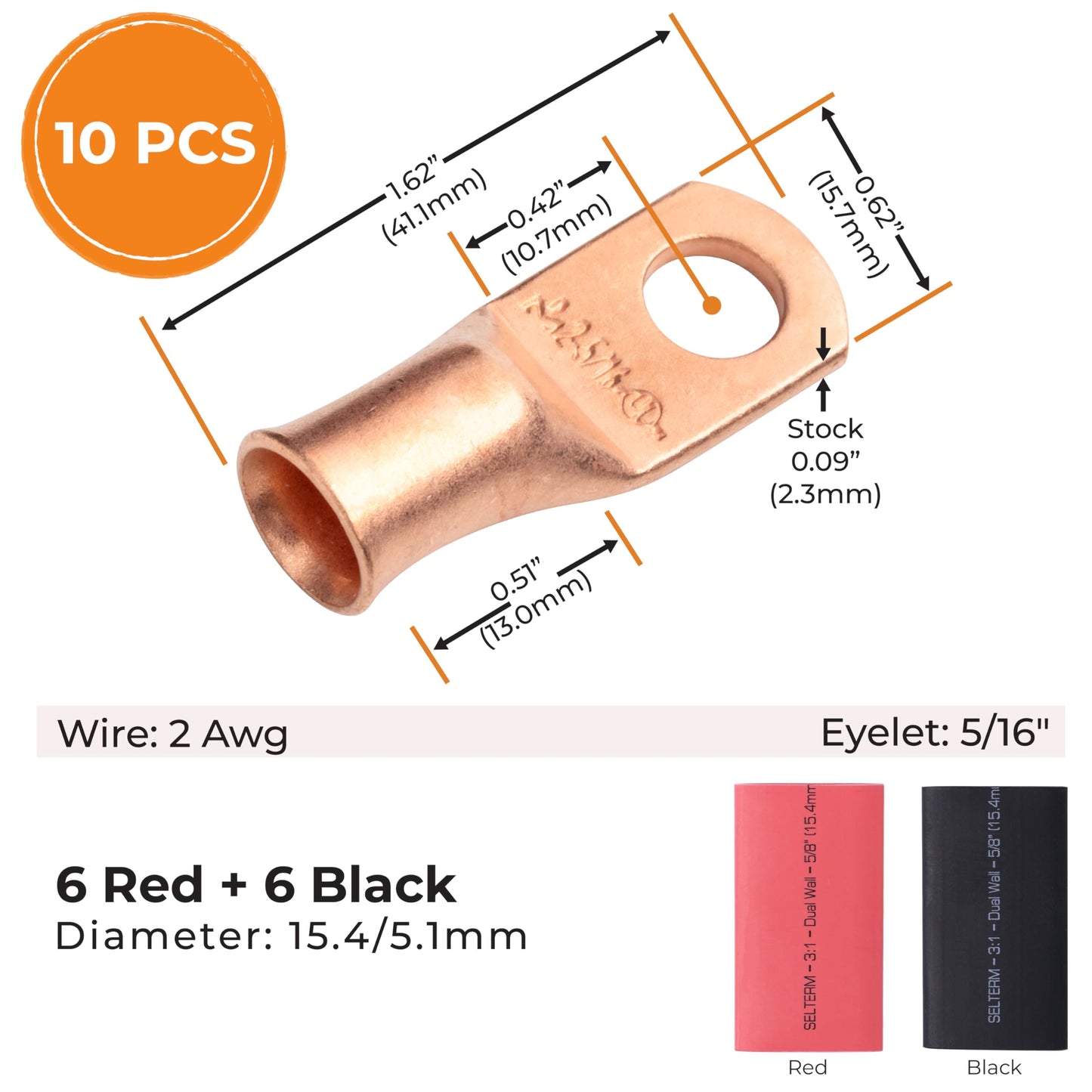 SELTERM 10pcs - 2 Awg - 5/16" Stud - Battery Lugs - Ring Terminal Connectors | with 12pcs 3:1 Black & Red Heat Shrink Tubing with Adhesive | Heavy Duty Battery Cable Ends - Bare Copper Wire Lugs Kit