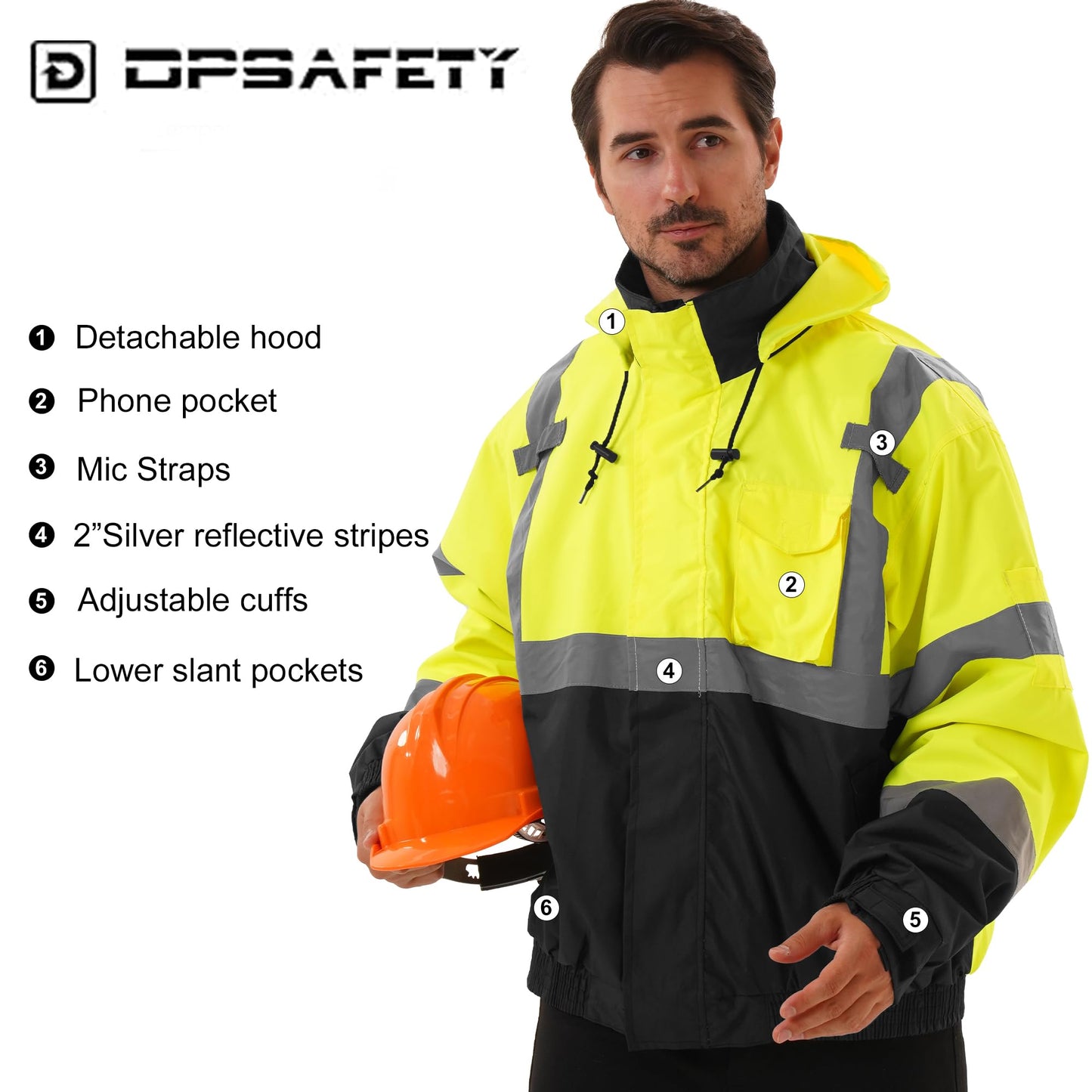 DPSAFETY 3 in 1 Safety jacket,Reflective high Visibility Hooded jacket,Hi Vis Bomber Jacket shell and fleece lining,Waterproof,ANSI Class 3 Black Bottom Lime,2XL