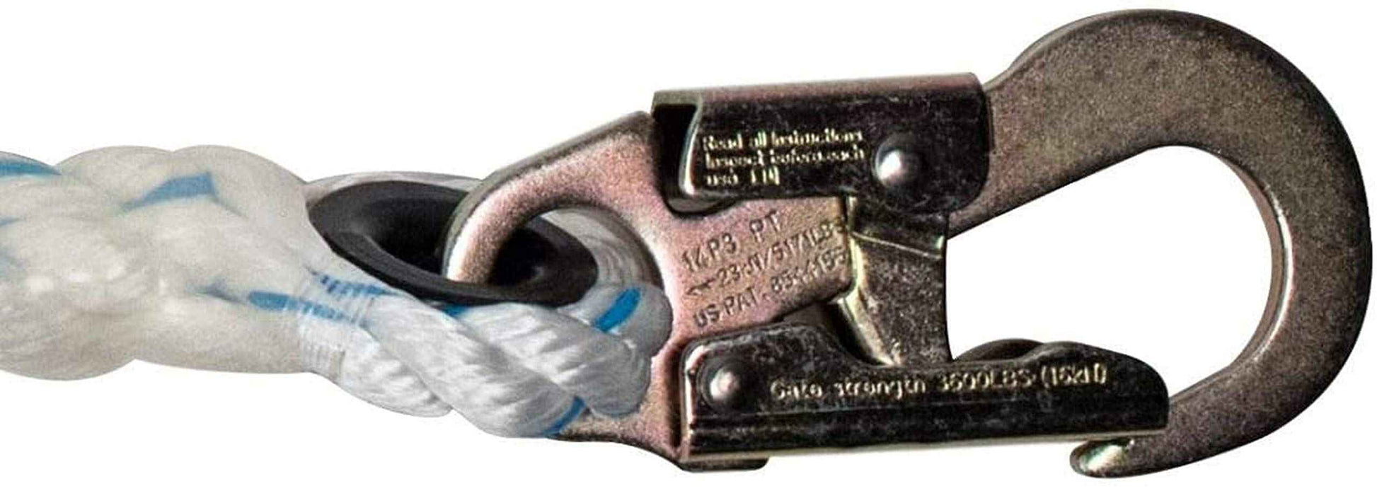 Pelican Rope 5/8" x 75' with Steel Snaphook Ends and Thimble Ends Polyester Composite Vertical Lifeline Rope, Great As Safety Line/Safety Rope for Anchorage Points/Roof Anchoring