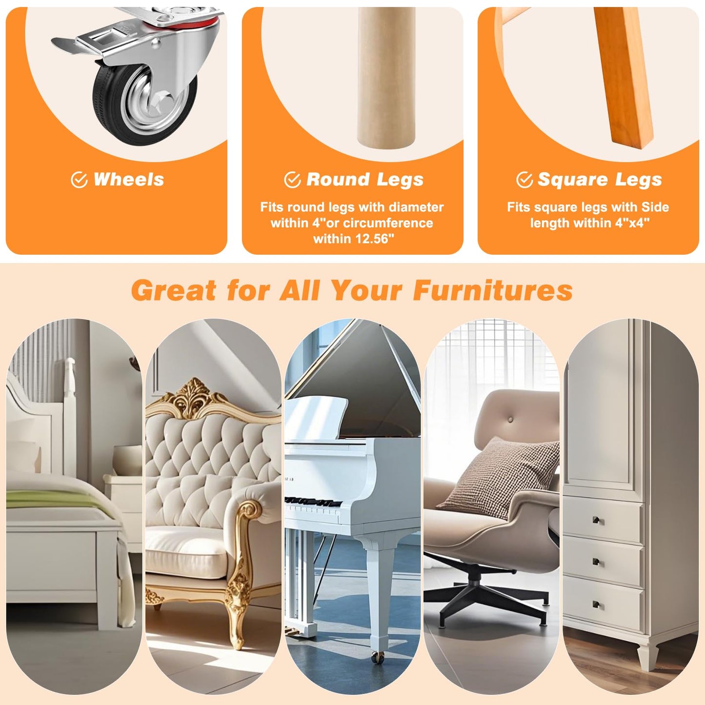 xxxHOLIC Non Slip Furniture Pads for Hardwood Floors, 4 * 4 Inch Black, Set of 4, Rubber Bed Stoppers to Prevent Sliding, Furniture Coasters for Protecting Floors from Scratches and Reduce Noise