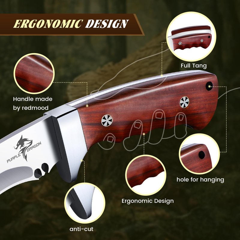Purple Dragon Kukri Fixed Blade Knife With Sheath, 8 Inch Full Tang Heavy Duty Camping Knives - Christmas Gift for Men and Women