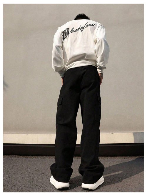 BEAUDRM Men's Cross Graphic Baggy Cargo Pants Drawstring Waist Wide Leg Sweatpants Streetwear Black Large