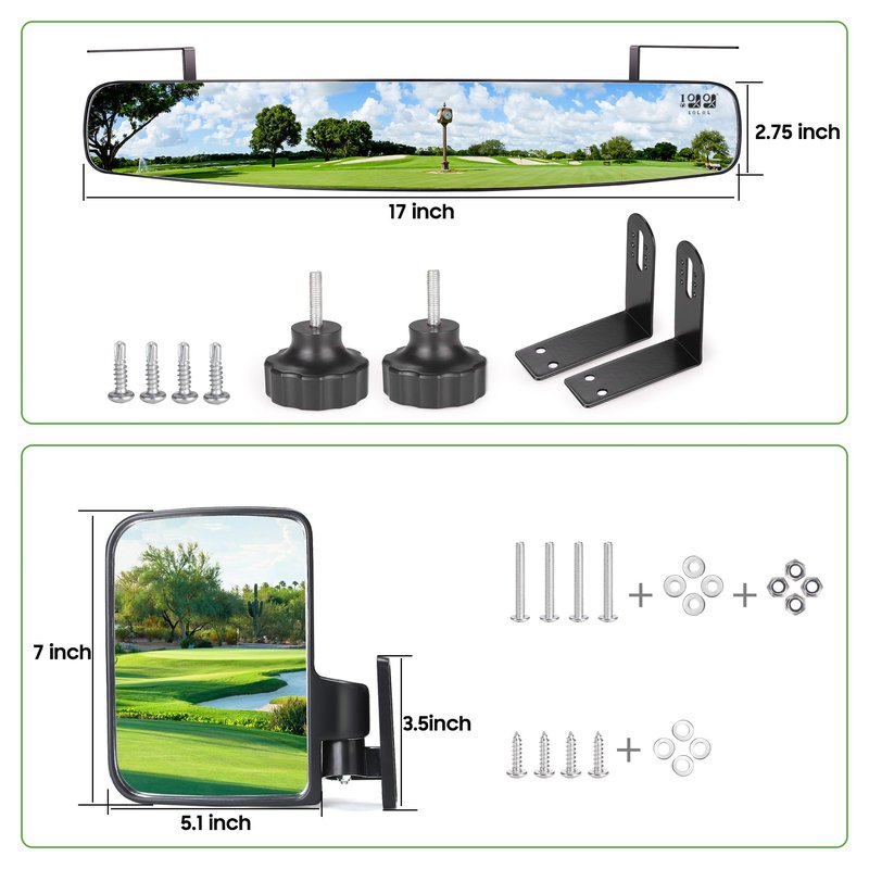 10L0L Newest Golf Cart Mirrors, Folding Side and Panoramic Rear View Mirror Kit for Yamaha Club Car EZGO, Eliminate Blind Spots Clear Convex Style
