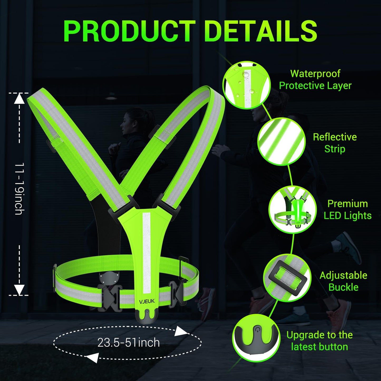 VJEUK Led Reflective Vest Running Gear，7 Lights Colors Light Up Running Vest, Rechargeable High-Visibility Adjustable Vest for Running, Cycling, and Night Activities（Green）